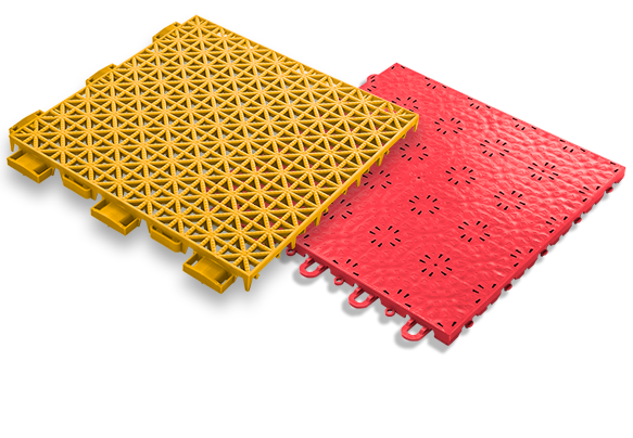 game outdoor tile for use in outdoor multi-sport courts, shown in yellow; compete indoor tile for use in indoor multi-sport courts